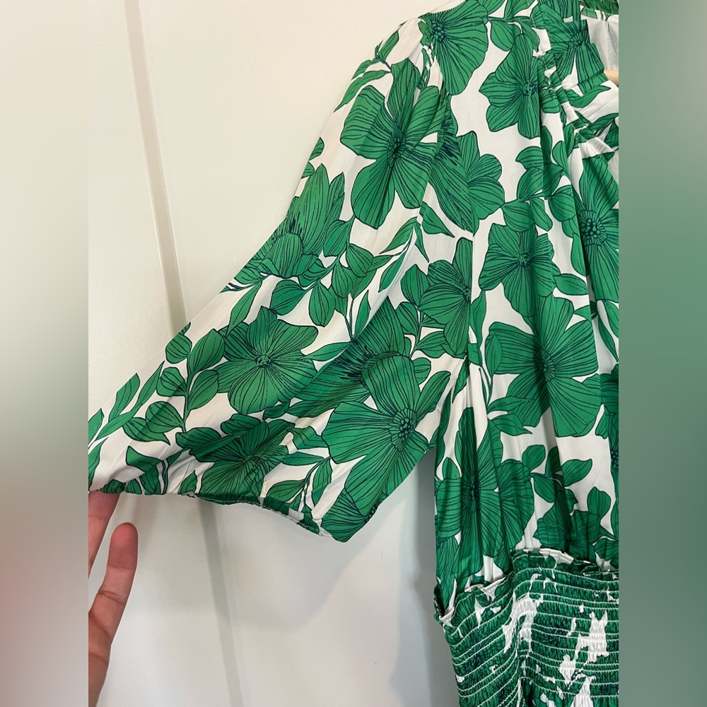 JCREW Smocked Waist Greenhouse Floral Kelly Green Preppy Garden Dress sz L - Picture 3 of 13